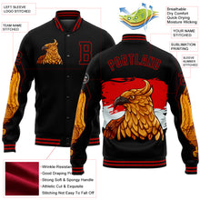 Laden Sie das Bild in den Galerie-Viewer, Custom Black Red Bangkok Rooster 3D Pattern Design Bomber Full-Snap Varsity Letterman Jacket
