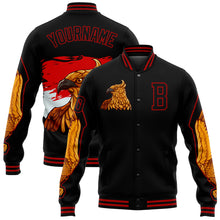 Load image into Gallery viewer, Custom Black Red Bangkok Rooster 3D Pattern Design Bomber Full-Snap Varsity Letterman Jacket
