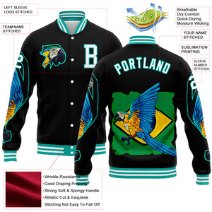 Custom Black White-Aqua Parrot 3D Pattern Design Bomber Full-Snap Varsity Letterman Jacket