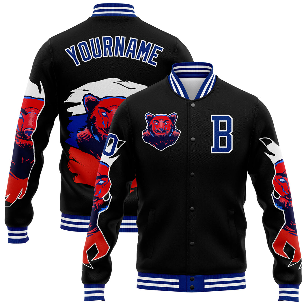 Custom Black Royal-White Bear 3D Pattern Design Bomber Full-Snap Varsity Letterman Jacket