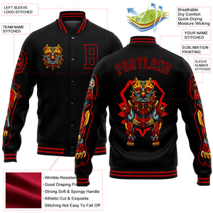 Custom Black Red Dog 3D Pattern Design Bomber Full-Snap Varsity Letterman Jacket