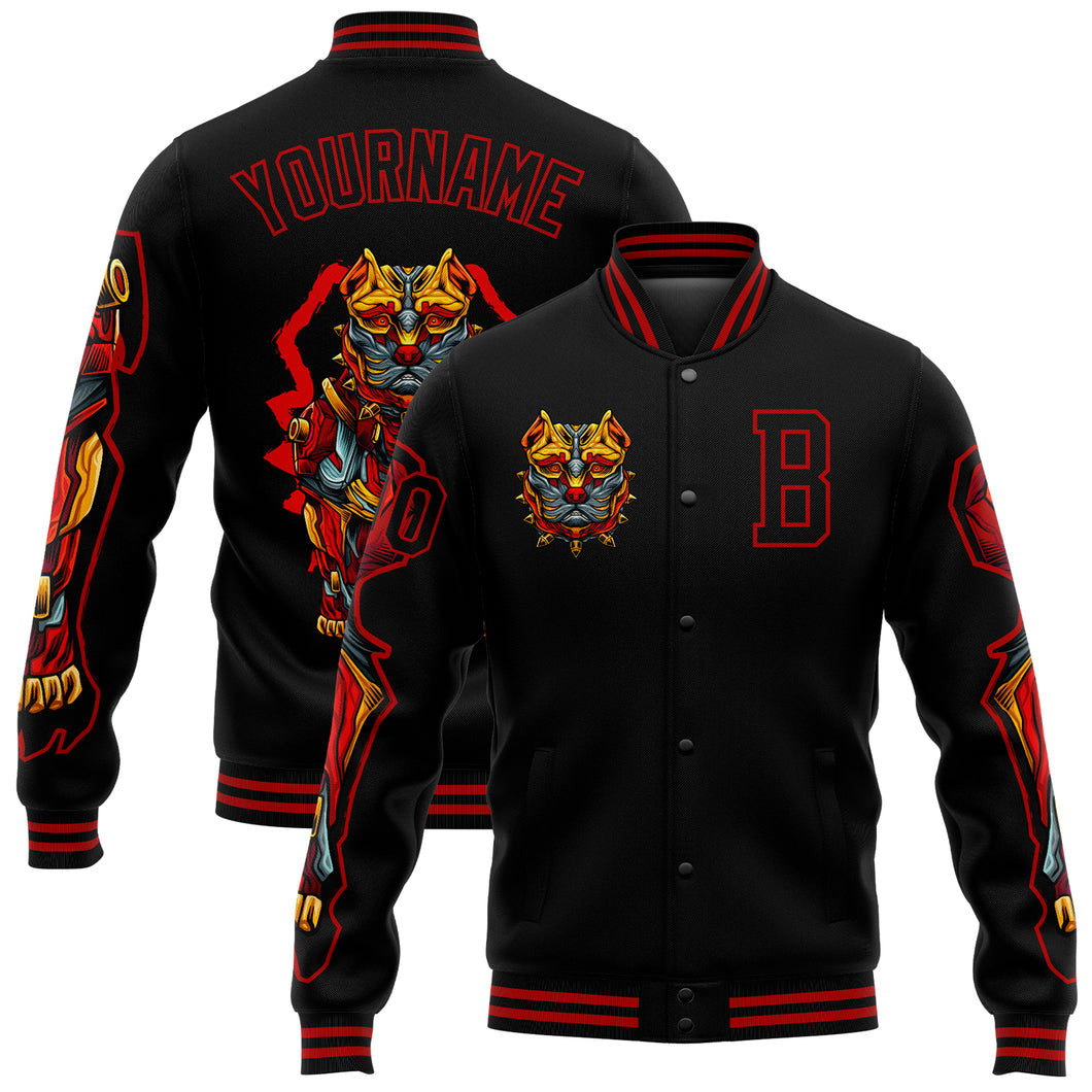 Custom Black Red Dog 3D Pattern Design Bomber Full-Snap Varsity Letterman Jacket