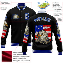 Laden Sie das Bild in den Galerie-Viewer, Custom Black Royal-White Eagle And American Flag 3D Pattern Design Bomber Full-Snap Varsity Letterman Jacket
