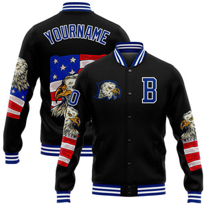 Custom Black Royal-White Eagle And American Flag 3D Pattern Design Bomber Full-Snap Varsity Letterman Jacket