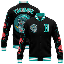 Load image into Gallery viewer, Custom Black Aqua-White Seated Cat 3D Pattern Design Bomber Full-Snap Varsity Letterman Jacket
