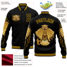 Laden Sie das Bild in den Galerie-Viewer, Custom Black Gold Owl 3D Pattern Design Bomber Full-Snap Varsity Letterman Jacket
