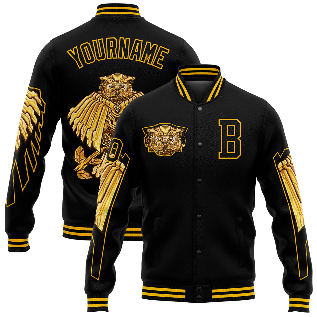 Custom Black Gold Owl 3D Pattern Design Bomber Full-Snap Varsity Letterman Jacket