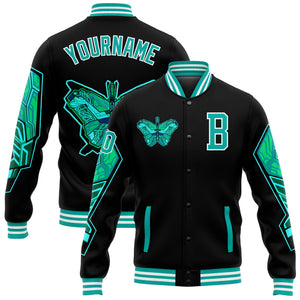 Custom Black Aqua-White Butterfly 3D Pattern Design Bomber Full-Snap Varsity Letterman Jacket