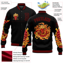 Laden Sie das Bild in den Galerie-Viewer, Custom Black Red Dragon 3D Pattern Design Bomber Full-Snap Varsity Letterman Jacket
