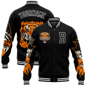 Custom Black White Tiger 3D Pattern Design Bomber Full-Snap Varsity Letterman Jacket