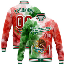 Load image into Gallery viewer, Custom Kelly Green Red-White Mexico Watercolored Splashes Grunge Design 3D Bomber Full-Snap Varsity Letterman Jacket

