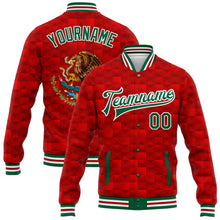 Загрузить изображение в средство просмотра галереи, Custom Red Kelly Green-White Mexico 3D Bomber Full-Snap Varsity Letterman Jacket
