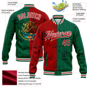 Custom Kelly Green Red-White Mexico 3D Bomber Full-Snap Varsity Letterman Jacket