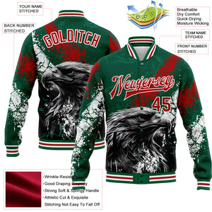 Custom Kelly Green Red-White Eagle Mexico 3D Bomber Full-Snap Varsity Letterman Jacket