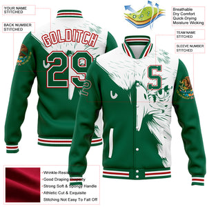 Custom Kelly Green White-Red Eagle Mexico 3D Bomber Full-Snap Varsity Letterman Jacket