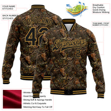 Laden Sie das Bild in den Galerie-Viewer, Custom Camo Black-Old Gold Realistic Forest Camouflage 3D Bomber Full-Snap Varsity Letterman Salute To Service Jacket

