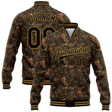 Laden Sie das Bild in den Galerie-Viewer, Custom Camo Black-Old Gold Realistic Forest Camouflage 3D Bomber Full-Snap Varsity Letterman Salute To Service Jacket

