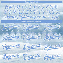 Laden Sie das Bild in den Galerie-Viewer, Custom White Light Blue Watercolor Winter Landscape With Snowy Trees 3D Pattern Design Bomber Full-Snap Varsity Letterman Jacket
