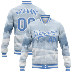 Custom White Light Blue Watercolor Winter Landscape With Snowy Trees 3D Pattern Design Bomber Full-Snap Varsity Letterman Jacket