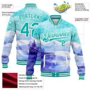 Custom Aqua White Winter Landscape With Watercolor Snowy Mountains And Trees 3D Pattern Design Bomber Full-Snap Varsity Letterman Jacket