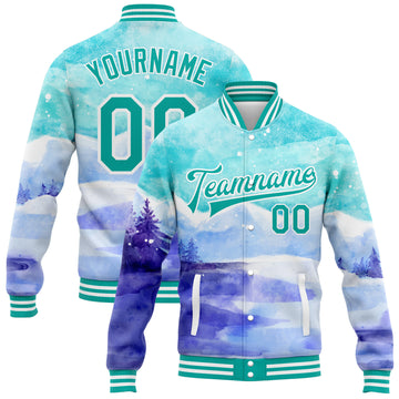 Custom Aqua White Winter Landscape With Watercolor Snowy Mountains And Trees 3D Pattern Design Bomber Full-Snap Varsity Letterman Jacket