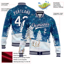 Laden Sie das Bild in den Galerie-Viewer, Custom Royal White-Navy Watercolor Winter Landscape With Snowy Trees 3D Pattern Design Bomber Full-Snap Varsity Letterman Jacket
