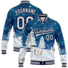 Laden Sie das Bild in den Galerie-Viewer, Custom Royal White-Navy Watercolor Winter Landscape With Snowy Trees 3D Pattern Design Bomber Full-Snap Varsity Letterman Jacket
