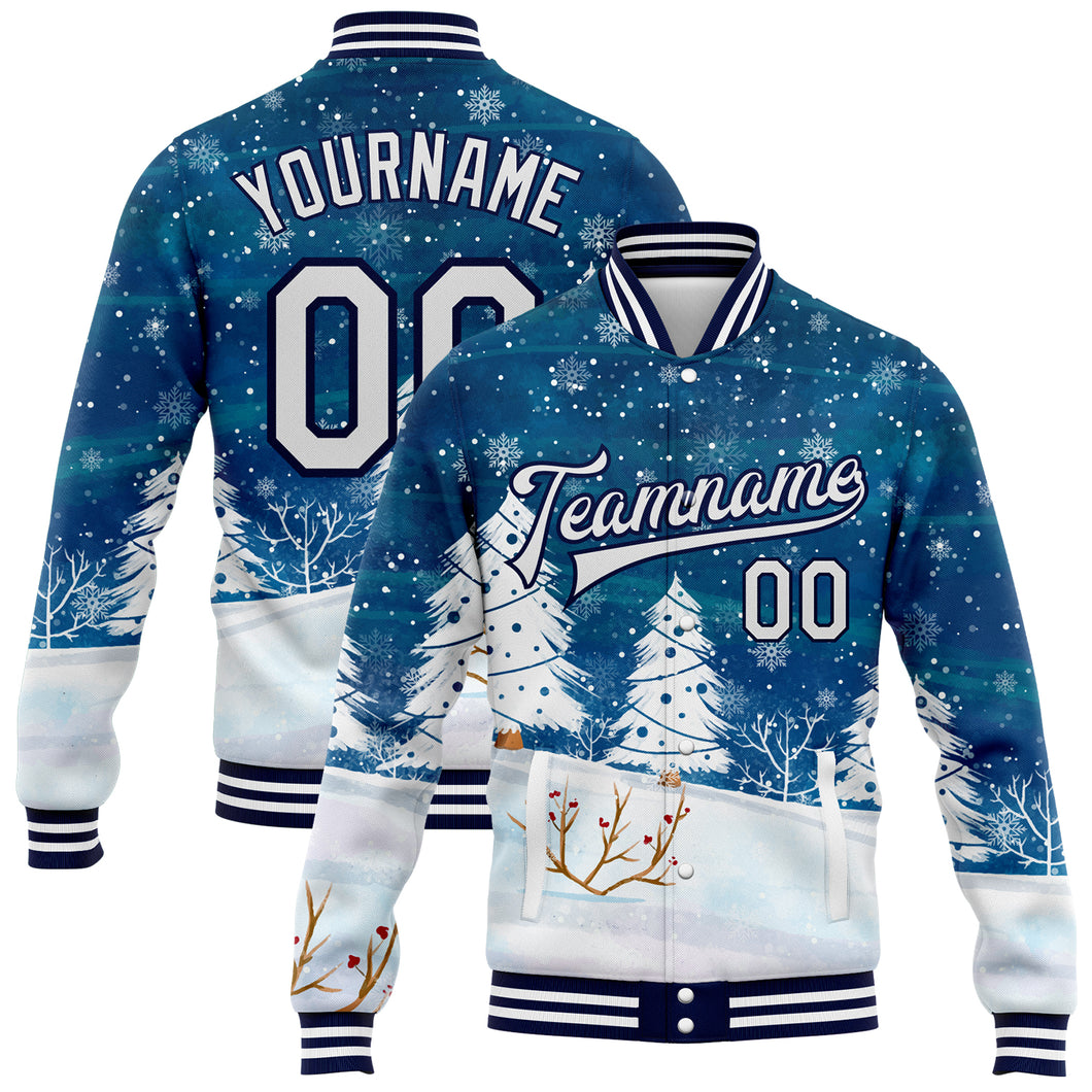 Custom Royal White-Navy Watercolor Winter Landscape With Snowy Trees 3D Pattern Design Bomber Full-Snap Varsity Letterman Jacket