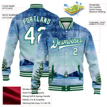 Laden Sie das Bild in den Galerie-Viewer, Custom Royal White-Kelly Green Watercolor Winter Landscape With Snowy Trees 3D Pattern Design Bomber Full-Snap Varsity Letterman Jacket
