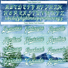 Laden Sie das Bild in den Galerie-Viewer, Custom Royal White-Kelly Green Watercolor Winter Landscape With Snowy Trees 3D Pattern Design Bomber Full-Snap Varsity Letterman Jacket
