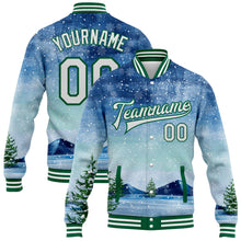 Laden Sie das Bild in den Galerie-Viewer, Custom Royal White-Kelly Green Watercolor Winter Landscape With Snowy Trees 3D Pattern Design Bomber Full-Snap Varsity Letterman Jacket

