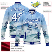 Laden Sie das Bild in den Galerie-Viewer, Custom Light Blue White-Royal Watercolor Winter Landscape With Snowy Trees 3D Pattern Design Bomber Full-Snap Varsity Letterman Jacket
