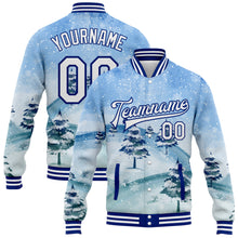 Laden Sie das Bild in den Galerie-Viewer, Custom Light Blue White-Royal Watercolor Winter Landscape With Snowy Trees 3D Pattern Design Bomber Full-Snap Varsity Letterman Jacket
