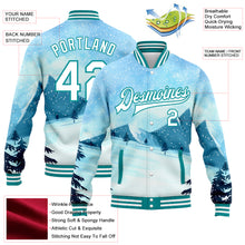 Laden Sie das Bild in den Galerie-Viewer, Custom Light Blue White-Teal Watercolor Winter Landscape With Snowy Trees 3D Pattern Design Bomber Full-Snap Varsity Letterman Jacket
