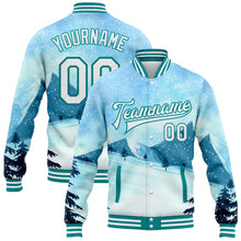 Laden Sie das Bild in den Galerie-Viewer, Custom Light Blue White-Teal Watercolor Winter Landscape With Snowy Trees 3D Pattern Design Bomber Full-Snap Varsity Letterman Jacket
