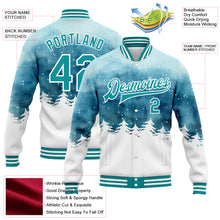 Laden Sie das Bild in den Galerie-Viewer, Custom Light Blue Teal-White Watercolor Winter Landscape With Snowy Trees 3D Pattern Design Bomber Full-Snap Varsity Letterman Jacket
