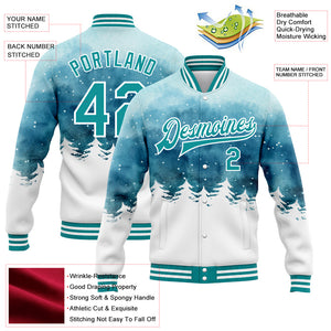 Custom Light Blue Teal-White Watercolor Winter Landscape With Snowy Trees 3D Pattern Design Bomber Full-Snap Varsity Letterman Jacket