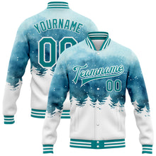Laden Sie das Bild in den Galerie-Viewer, Custom Light Blue Teal-White Watercolor Winter Landscape With Snowy Trees 3D Pattern Design Bomber Full-Snap Varsity Letterman Jacket
