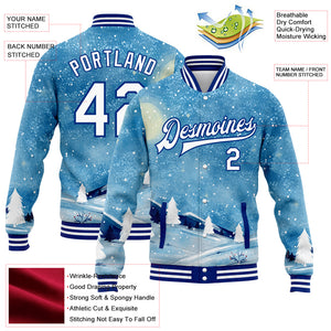 Custom Light Blue White-Royal Watercolor Winter Landscape With Snowy Trees 3D Pattern Design Bomber Full-Snap Varsity Letterman Jacket