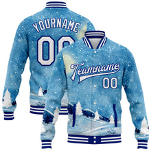 Laden Sie das Bild in den Galerie-Viewer, Custom Light Blue White-Royal Watercolor Winter Landscape With Snowy Trees 3D Pattern Design Bomber Full-Snap Varsity Letterman Jacket
