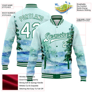 Custom Aqua White-Kelly Green Watercolor Winter Landscape With Snowy Trees 3D Pattern Design Bomber Full-Snap Varsity Letterman Jacket