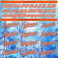 Laden Sie das Bild in den Galerie-Viewer, Custom Royal Orange-White Lovely Winter Landscape With Snowy Trees 3D Pattern Design Bomber Full-Snap Varsity Letterman Jacket
