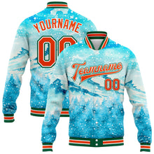Laden Sie das Bild in den Galerie-Viewer, Custom Lakes Blue Orange-Kelly Green Watercolor Winter Snowy Landscape 3D Pattern Design Bomber Full-Snap Varsity Letterman Jacket
