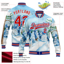Laden Sie das Bild in den Galerie-Viewer, Custom Light Blue Red-Royal Watercolor Winter Landscape With Snowy Trees 3D Pattern Design Bomber Full-Snap Varsity Letterman Jacket
