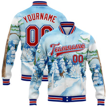 Laden Sie das Bild in den Galerie-Viewer, Custom Light Blue Red-Royal Watercolor Winter Landscape With Snowy Trees 3D Pattern Design Bomber Full-Snap Varsity Letterman Jacket
