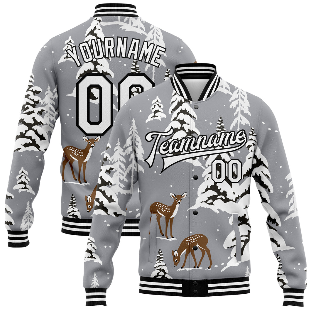 Custom Gray Black-White Winter Snowy Landscape With Deer 3D Pattern Design Bomber Full-Snap Varsity Letterman Jacket