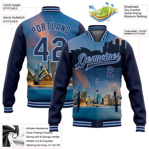 Custom Light Blue Navy Sydney Australia City Edition 3D Bomber Full-Snap Varsity Letterman Jacket