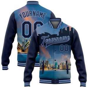 Custom Light Blue Navy Sydney Australia City Edition 3D Bomber Full-Snap Varsity Letterman Jacket