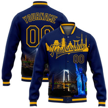 Load image into Gallery viewer, Custom Navy Gold Rainbow Bridge And Statue Of Liberty Tokyo Japan City Edition 3D Bomber Full-Snap Varsity Letterman Jacket
