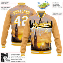 Laden Sie das Bild in den Galerie-Viewer, Custom Gold White Big Ben And Westminster Bridge London UK City Edition 3D Bomber Full-Snap Varsity Letterman Jacket
